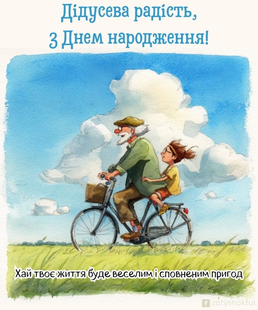 Дідусь із онукою катаються на велосипеді в полі під блакитним небом