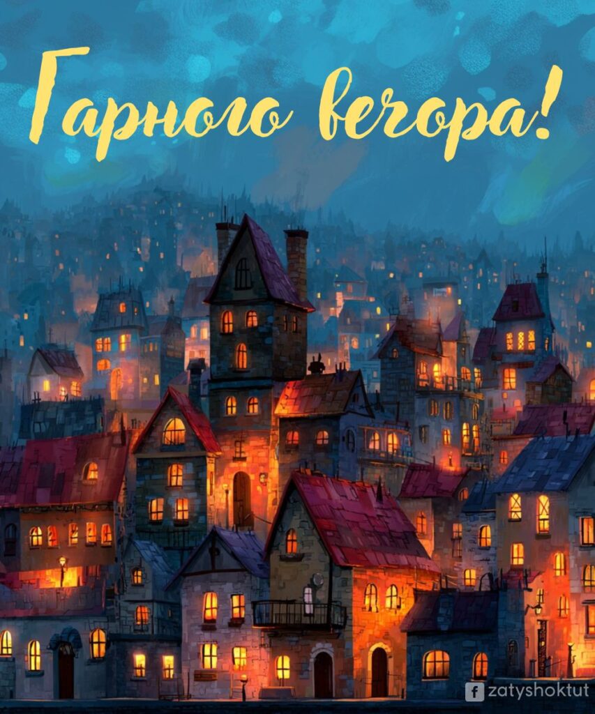Казкова архітектура з теплим світлом у кожному будинку і написом "Гарного вечора!"