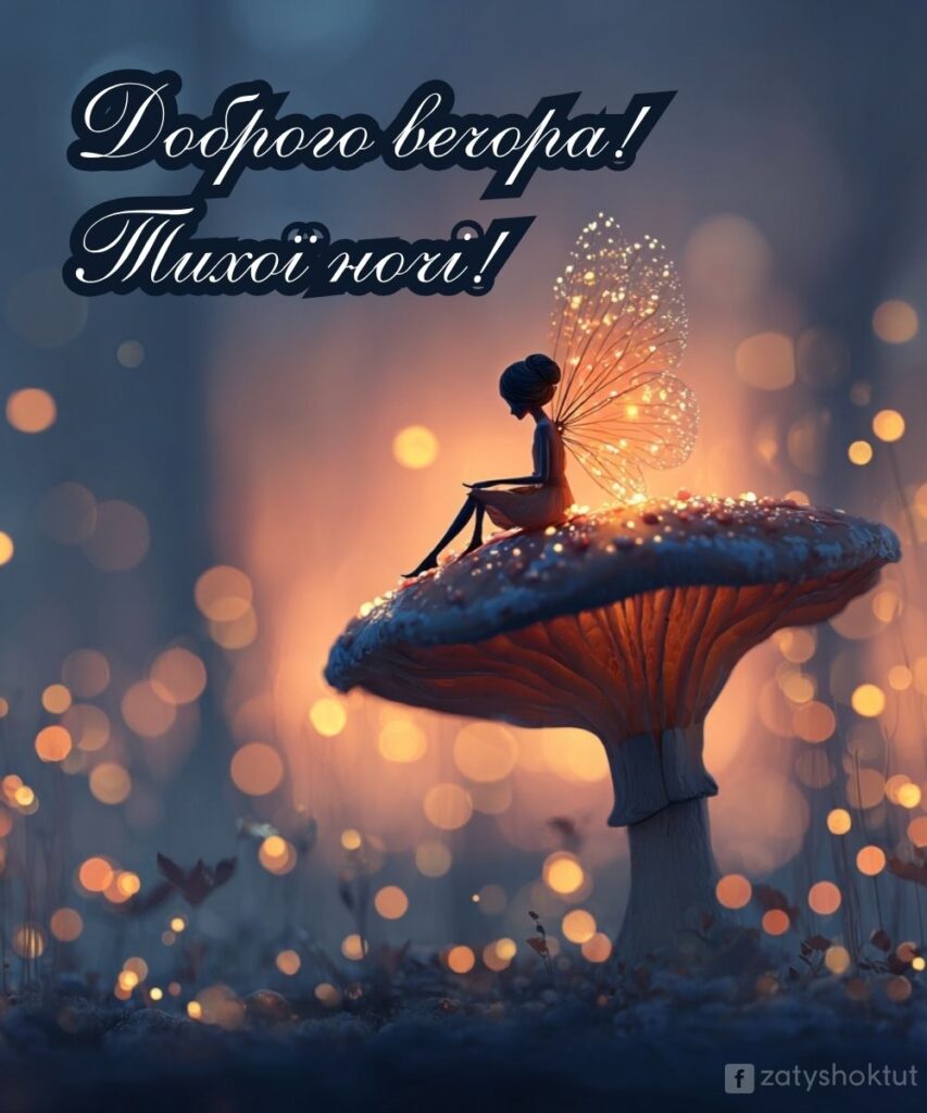 Маленька фея з крильцями сидить на світлому грибі. І напис "Доброго вечора! Тихої ночі!"