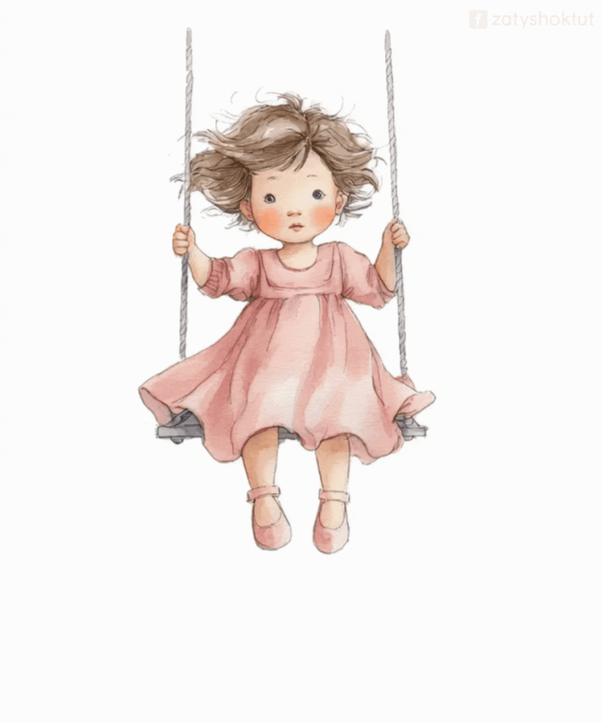 Анімація маленька дівчинка у рожевій сукні гойдається на гойдалці