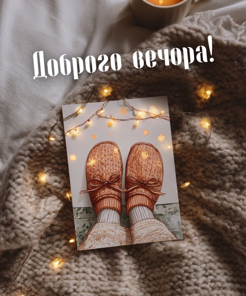 Домашній затишок з листівкою "Доброго вечора" із зображенням теплого взуття та святковими вогниками