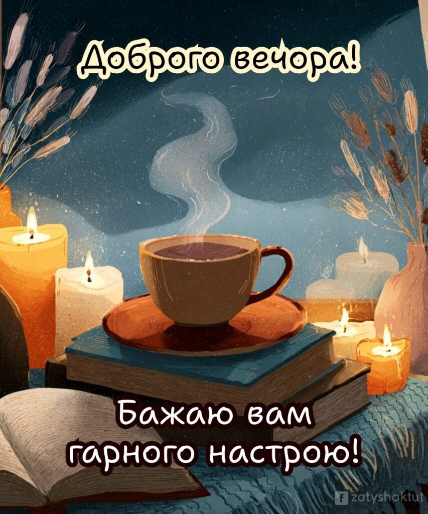 Чашка кави серед палаючих свічок та книг і з написом "Бажаю вам гарного настрою!"