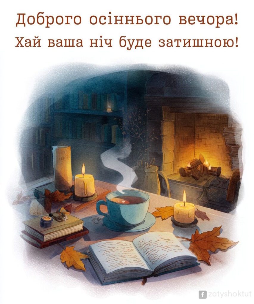 Зображення затишного куточку з каміном, книгами, чашкою кави та з написом про добрий осінній вечір