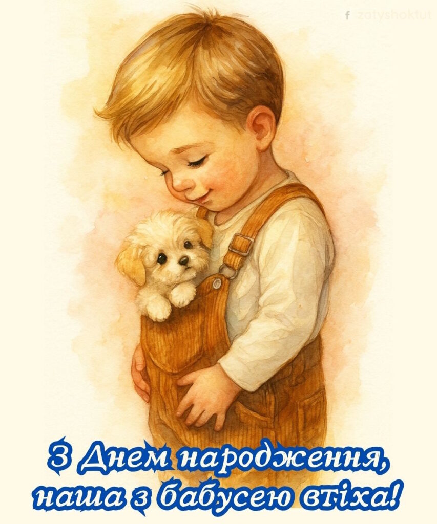 Хлопчик з собачкою з написом “З Днем народження наша з бабусею втіха!”