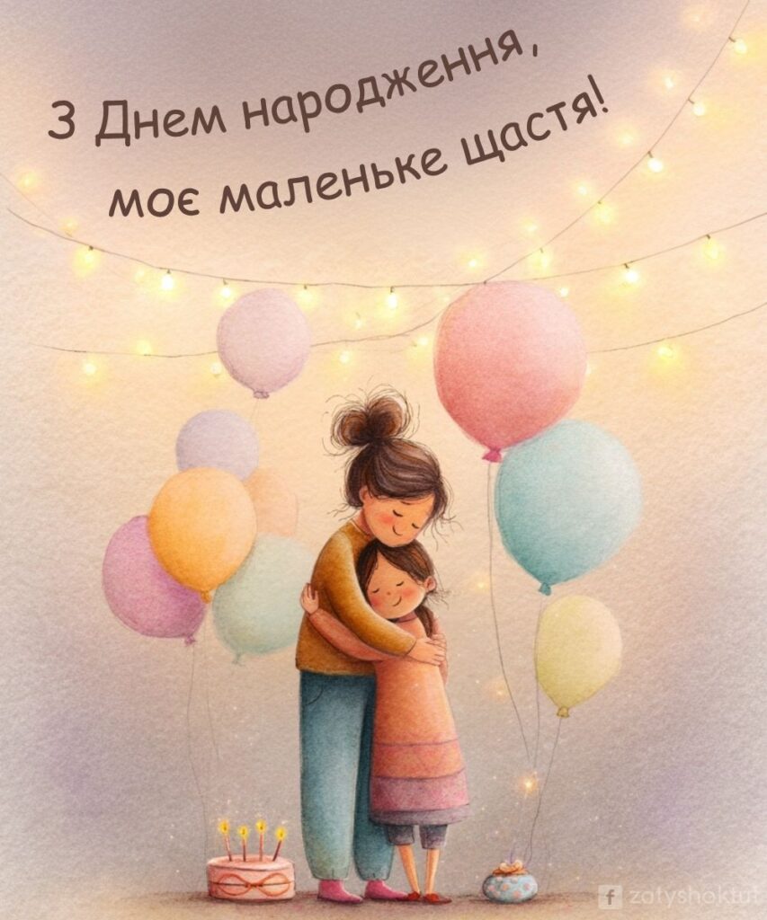 Картинка привітання для маленької донечки з написом "З днем народження моє маленьке щастя!"