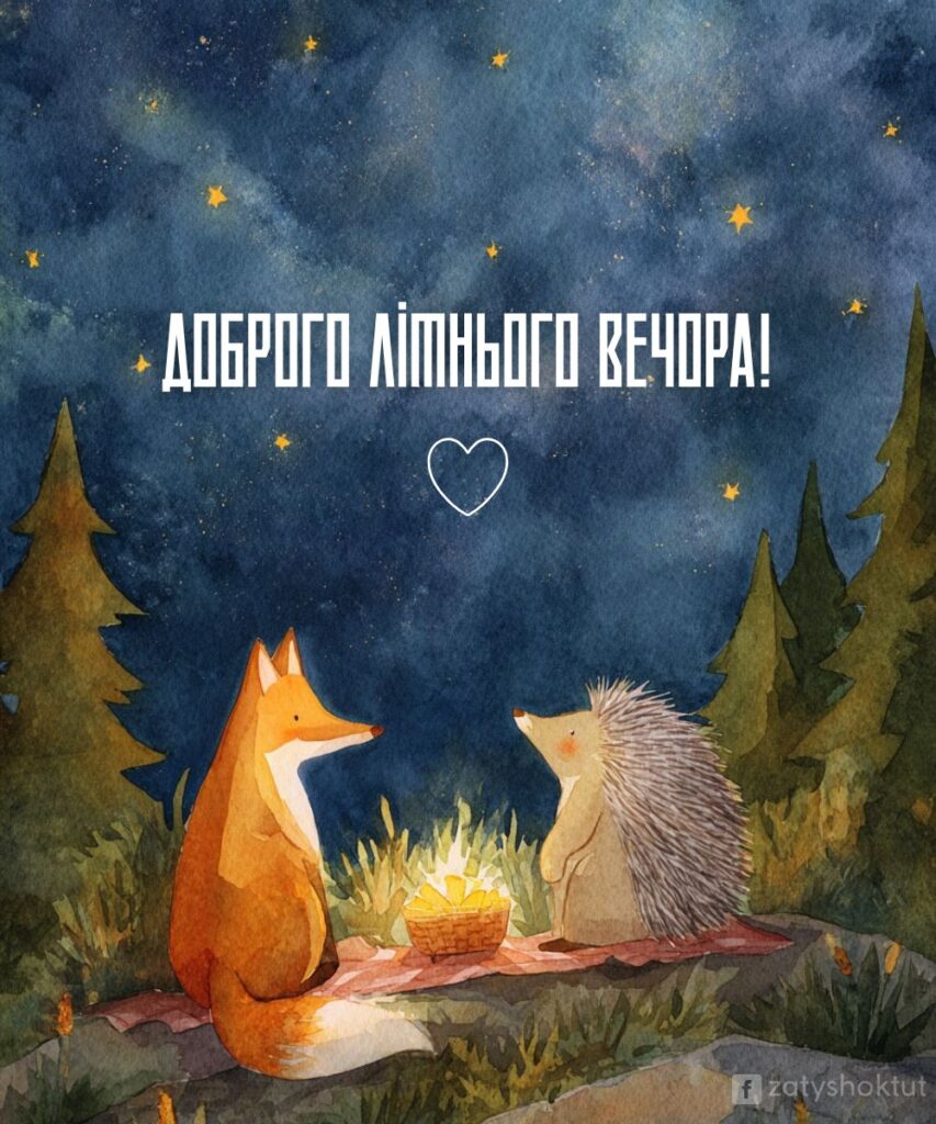 Лисиця і їжачок на пікніку під зоряним небом біля багаття. І напис "Доброго літнього вечора!"