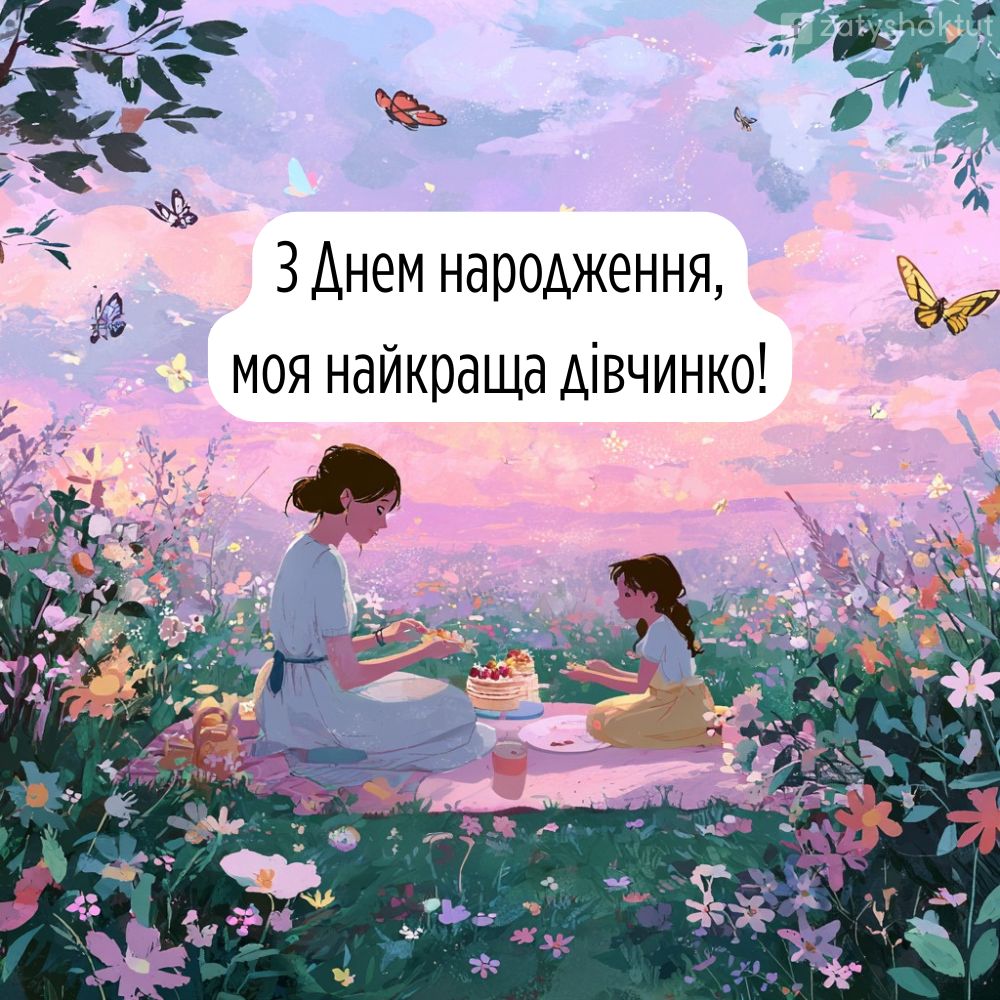 Мама та дочка на пікніку і напис з днем народження моя найкраща дівчинко!