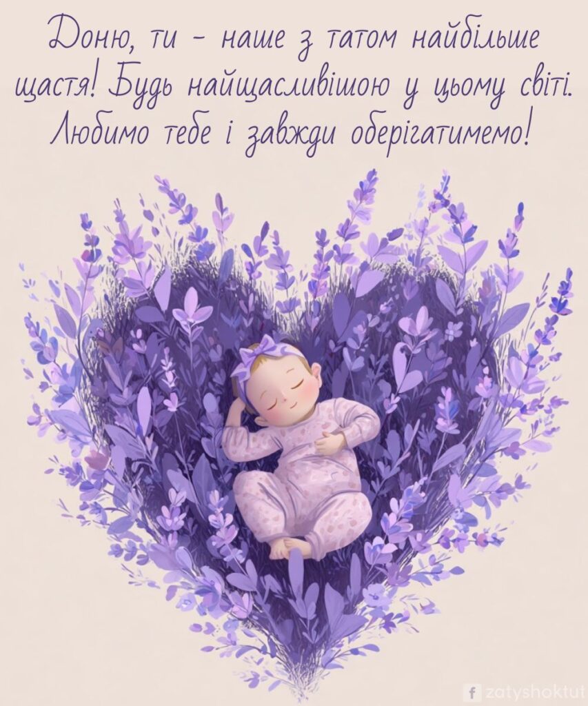 Немовля в фіалковому сердечку з теплим привітанням
