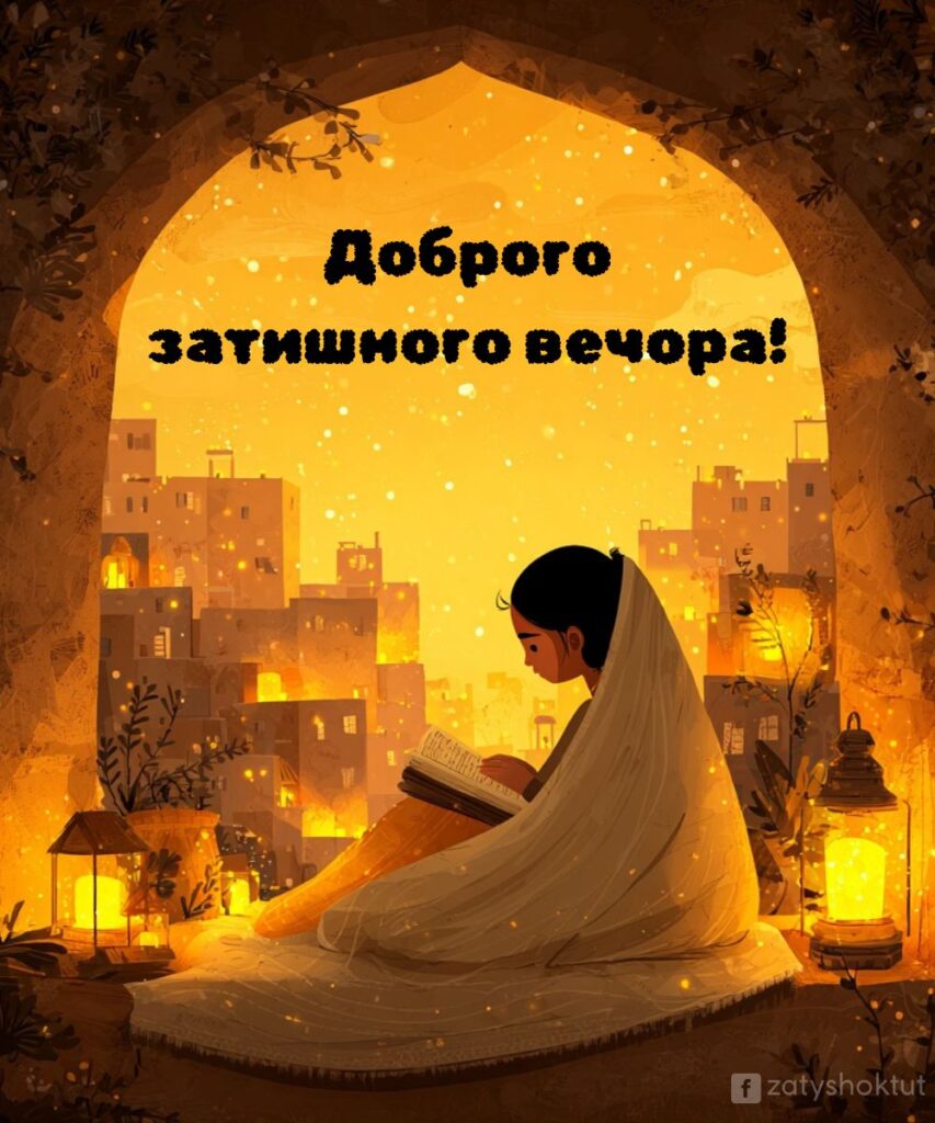 Дівчина в білому увечері читає книгу серед золотих ліхтарів. Напис на зображенні "Доброго затишного вечора!"