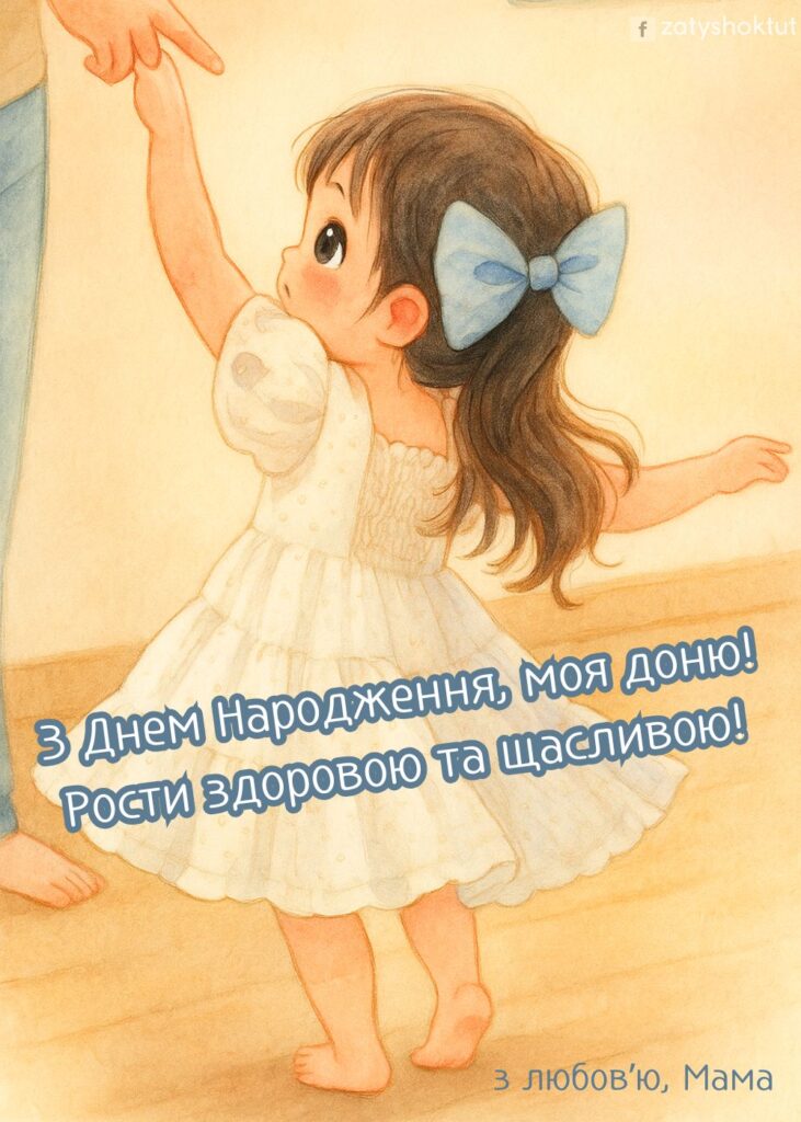 Листівка “З днем народження доню”, дівчинка тримається за мамин пальчик