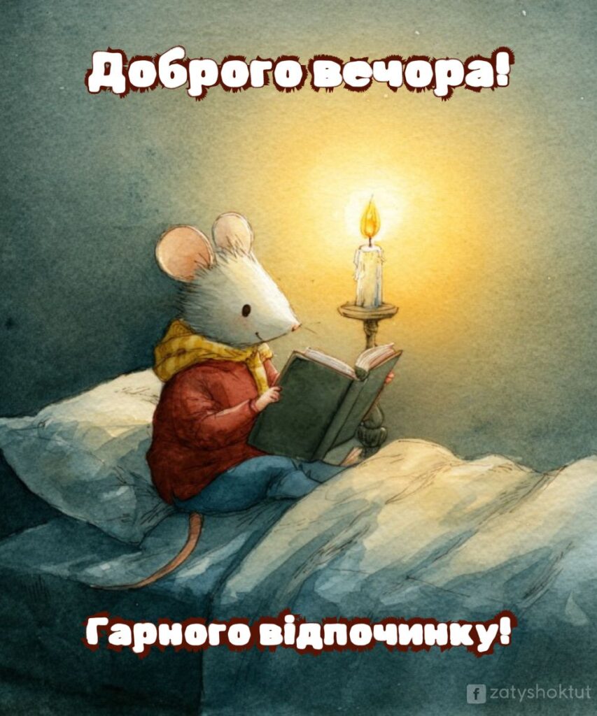 Миша у червоному одязі читає книгу при свічці. Напис на картинці "Гарного відпочинку!"