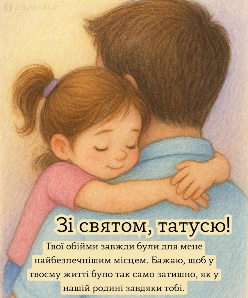 Картинка “Донечка обіймає тата” з теплими словами побажань