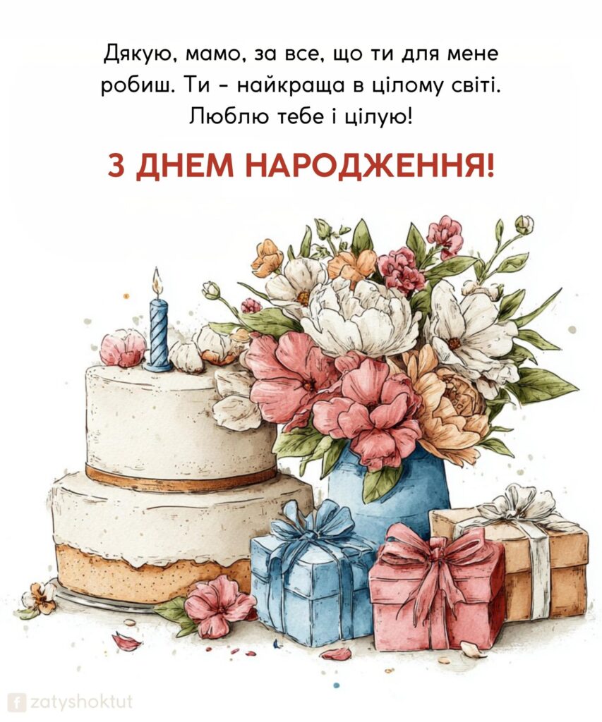 Листівка для матусі з тортиком квітами та подарунками