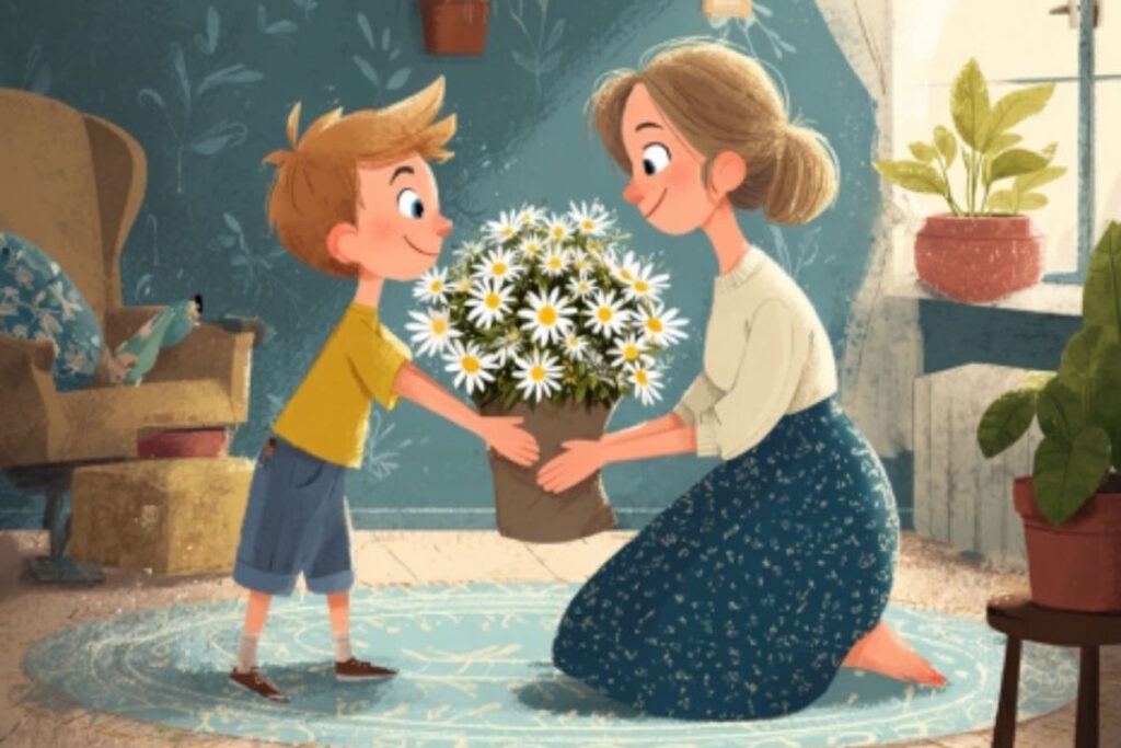 Привітання з днем народження мамі — хлопчик дарує квіти мамі