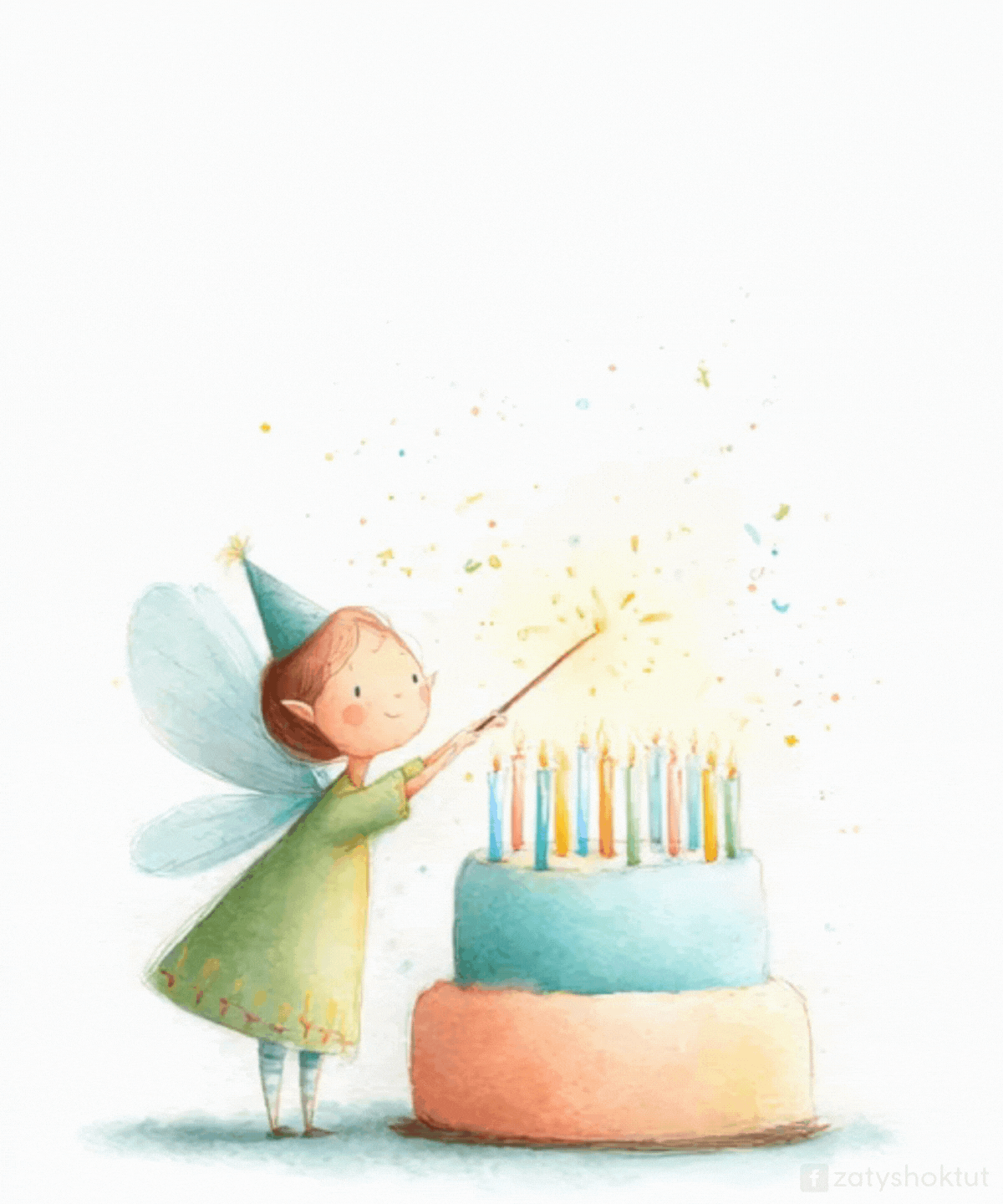 Маленька фея з крильцями махає чарівною паличкою біля святкового торта зі свічками