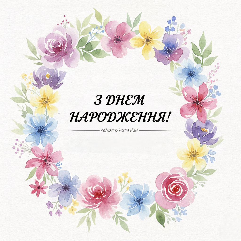 Акварельний вінок з ніжних квітів у пастельних тонах з написом З днем народження! в центрі