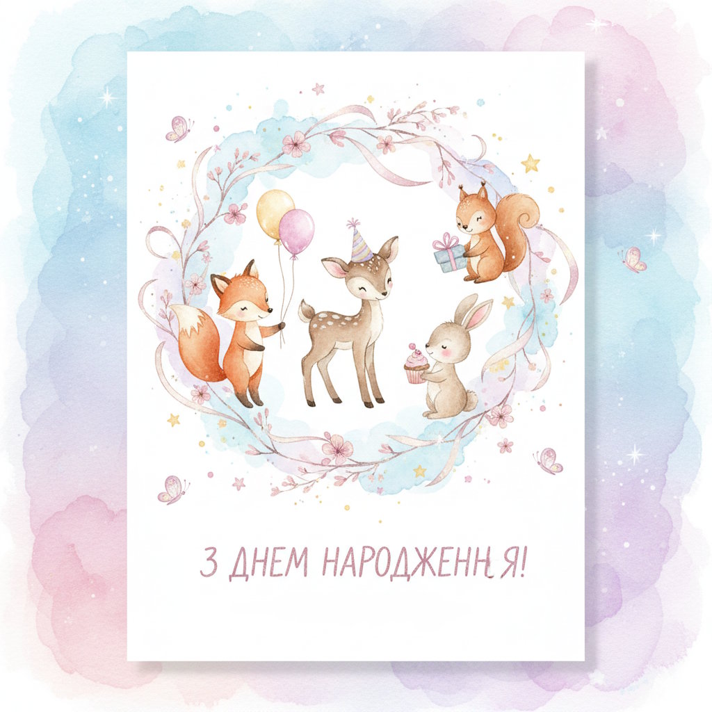Ніжна дитяча листівка з лісовими тваринками – лисичкою з кульками, оленятком, зайчиком з кексом та білочкою з подарунком