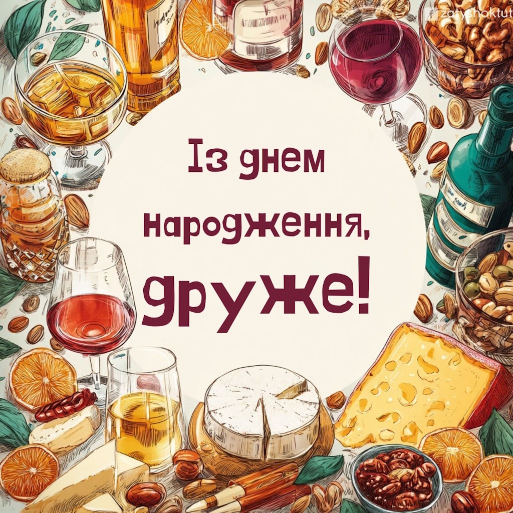 Святковий стіл з алкоголем, сиром та закусками та написом з Днем народження