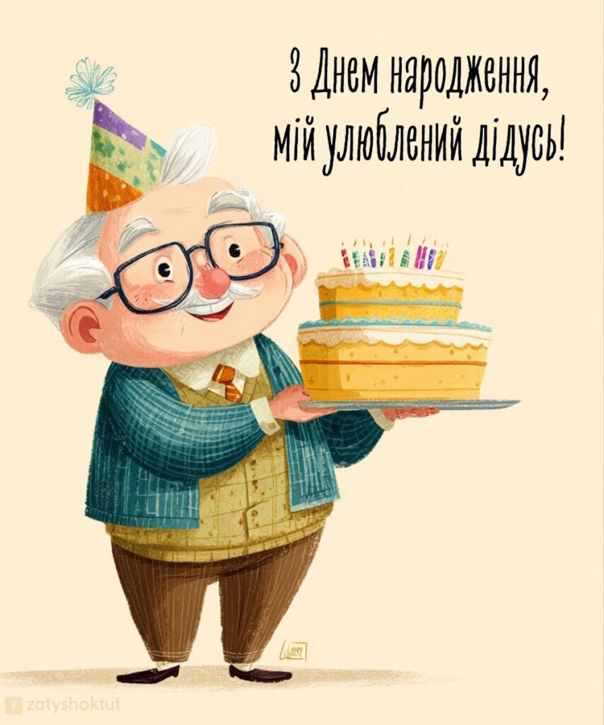 Веселий дідусь у святковому капелюшку тримає торт з багатьма свічками