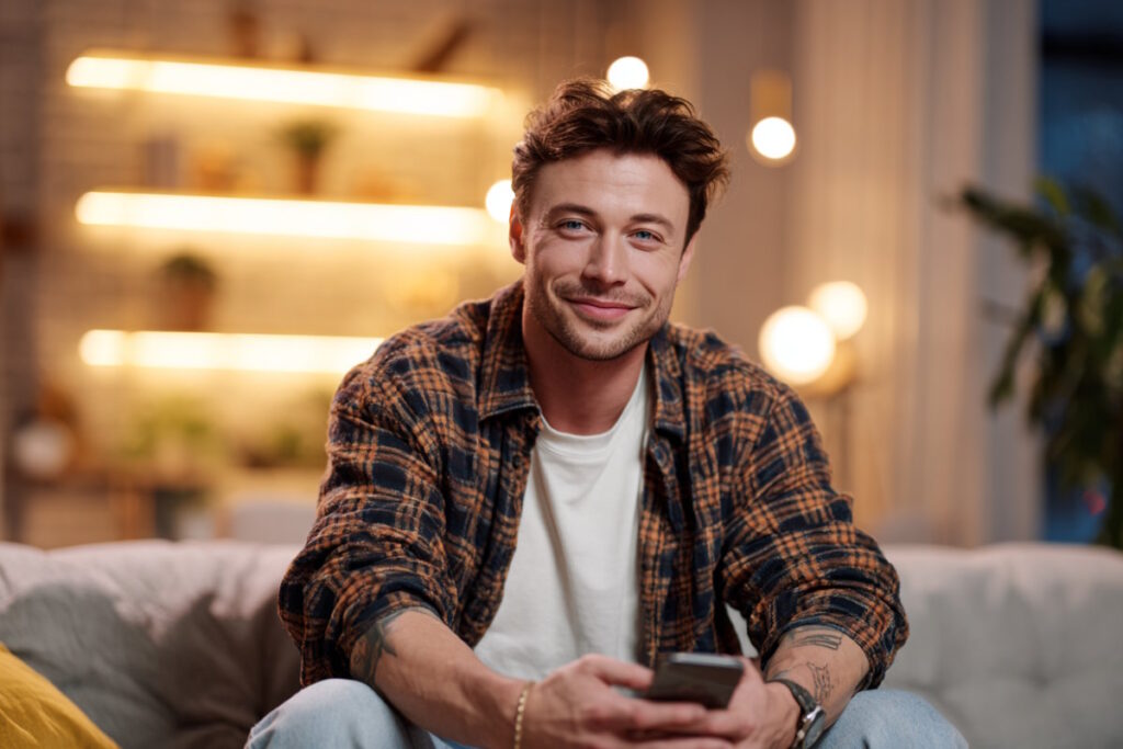 Молодий чоловік сидить на дивані з телефоном у руках, усміхається