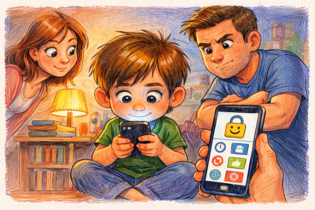 Хлопчик грається у телефоні під батьківським контролем