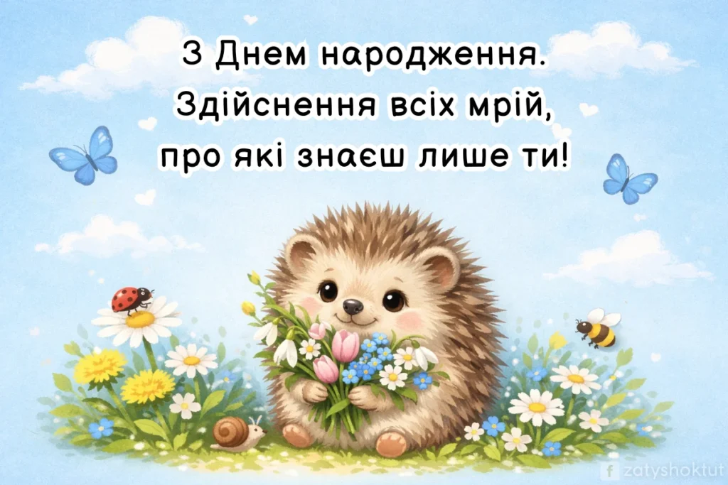 Милий їжачок з веснянами квітами вітає з днем народження