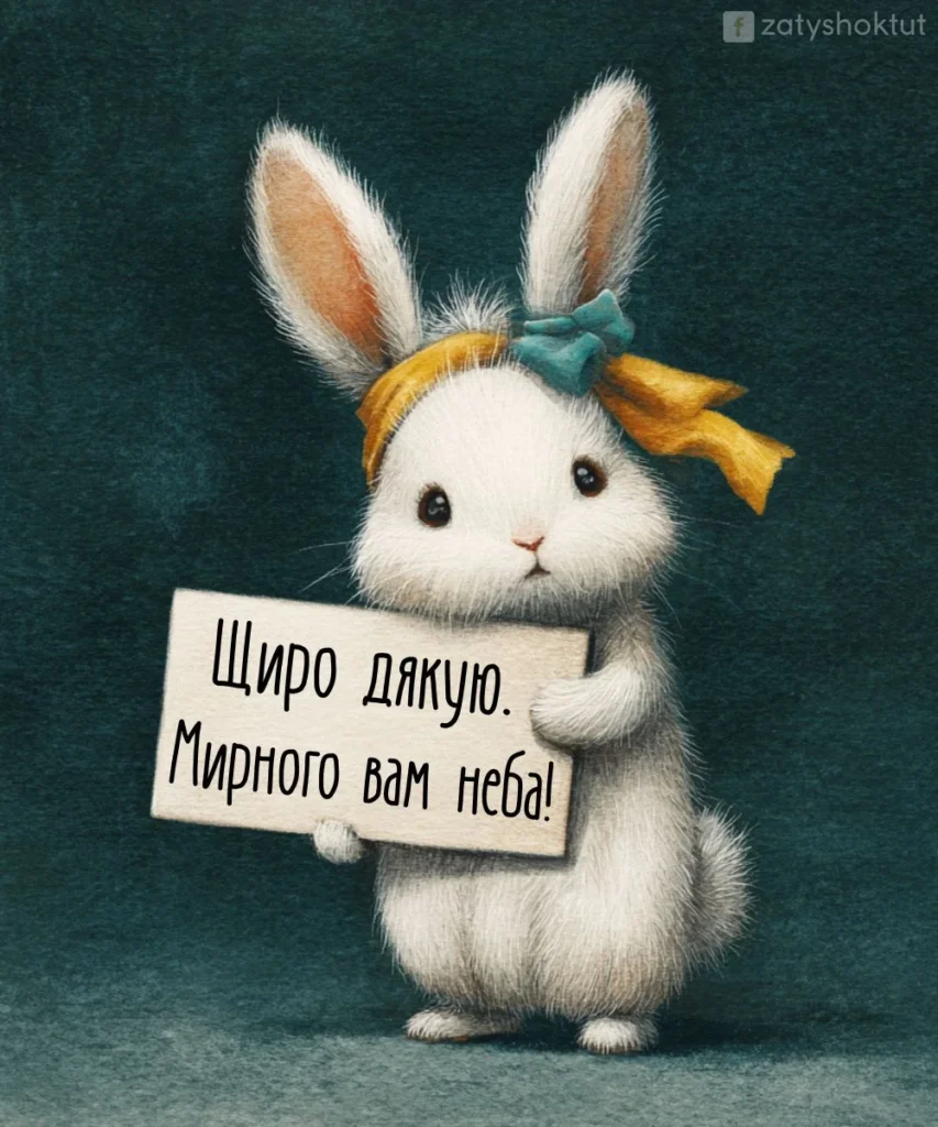 Зайченятко тримає табличку з подякою