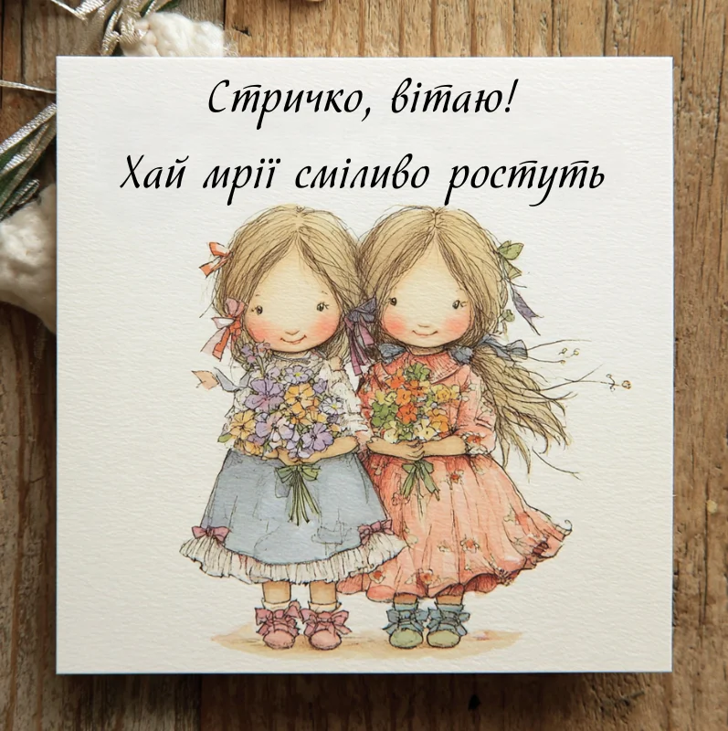 Ніжна листівка з двома сестрами та квітами