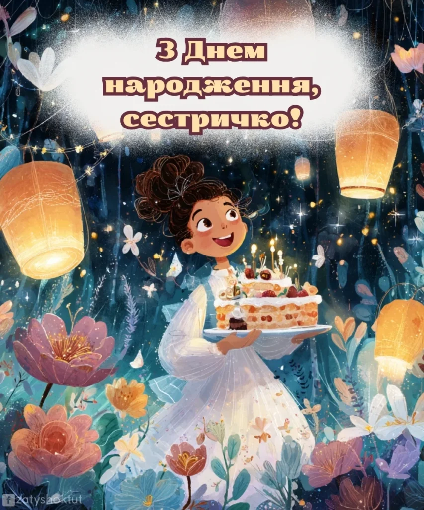 Картинка “Дівчинка з тортом” привітання для сестри