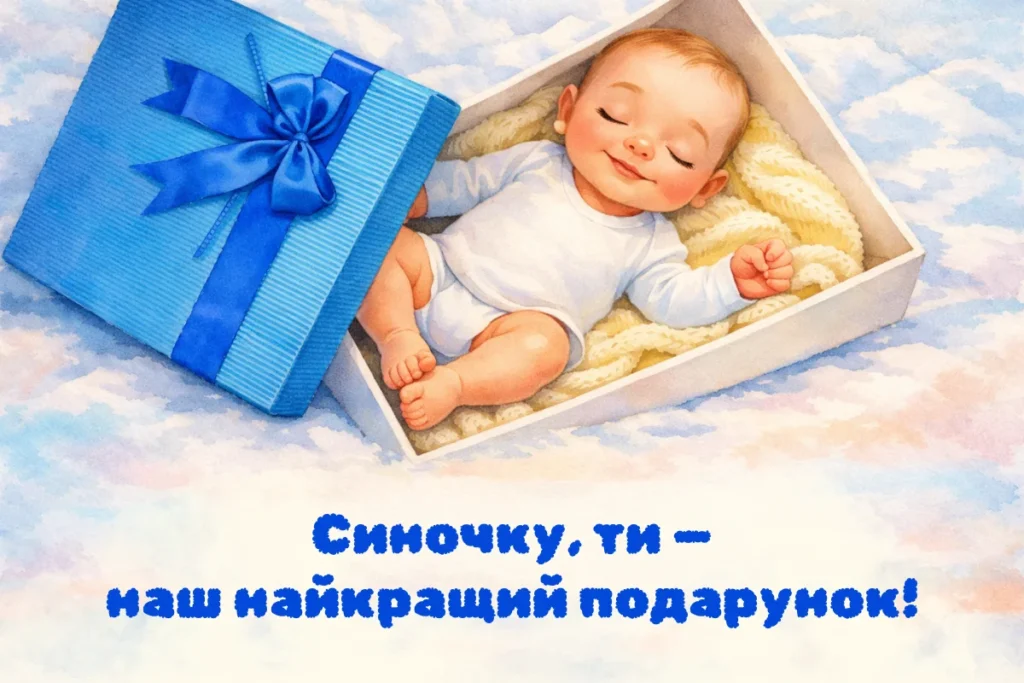 Немовля лежить у синій подарунковій коробці
