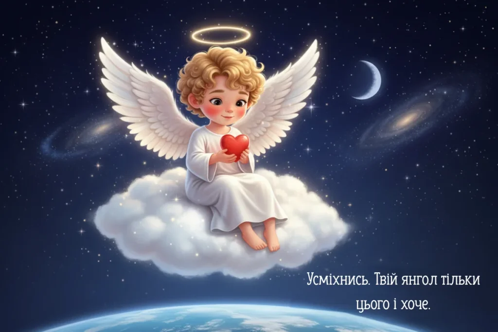 Маленький ангел сидить на хмарі з червоним сердечком у руках