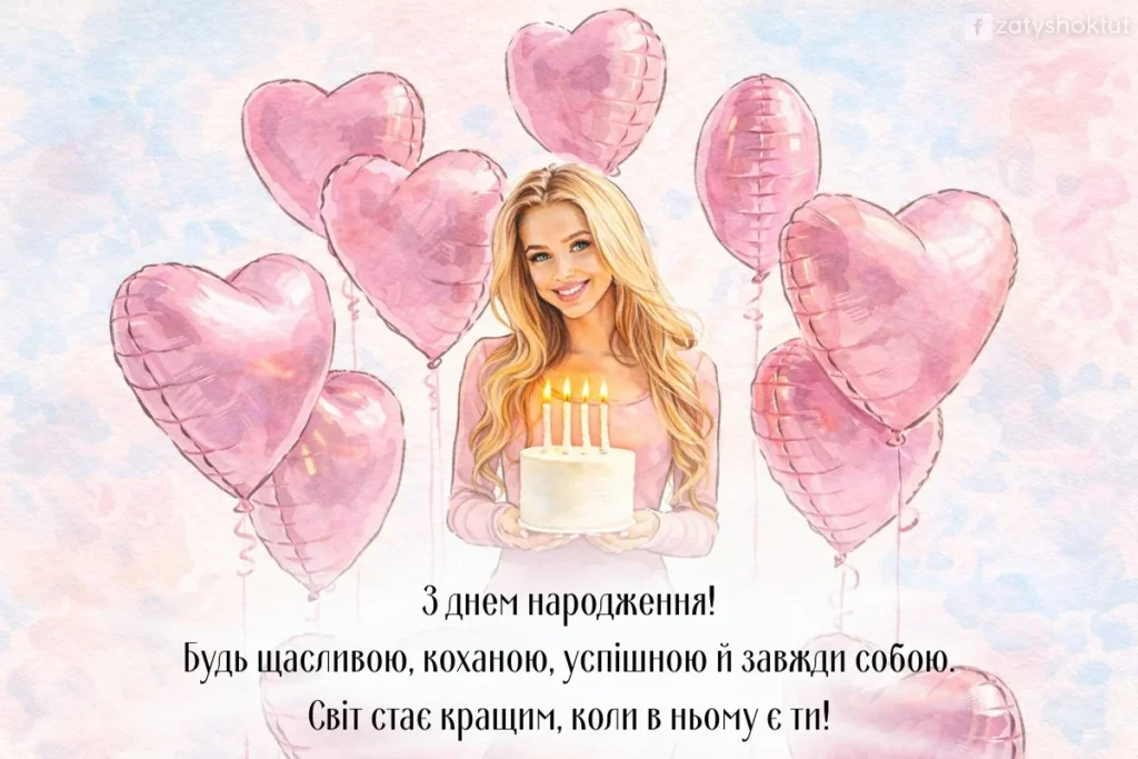 Святковий торт та кульки для дівчини з днем народження