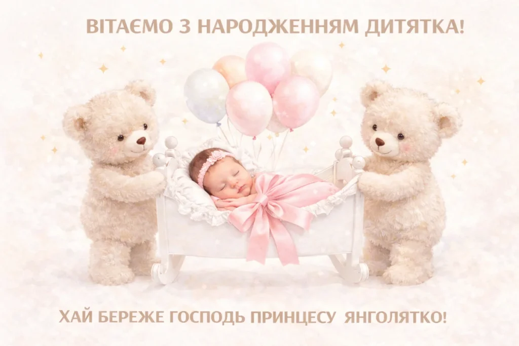 Немовлятко дівчинка у колисці та милі ведмедики 