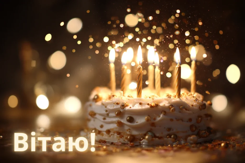 Торт зі свічками на темному фоні з написом Вітаю