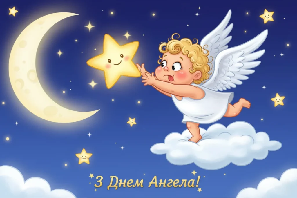 Усміхнене янголятко тягнеться до зірки серед нічного неба