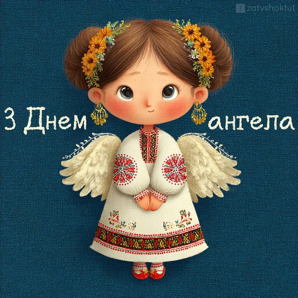 Український ангел у віночку та вишиванці святково вітає