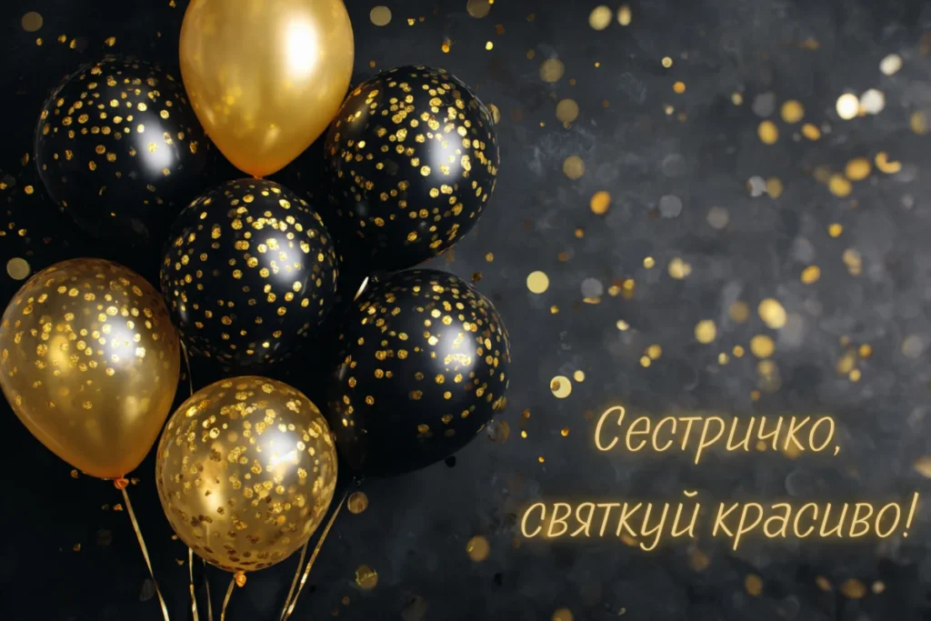 Чорні й золоті кульки з вітанням для сестри