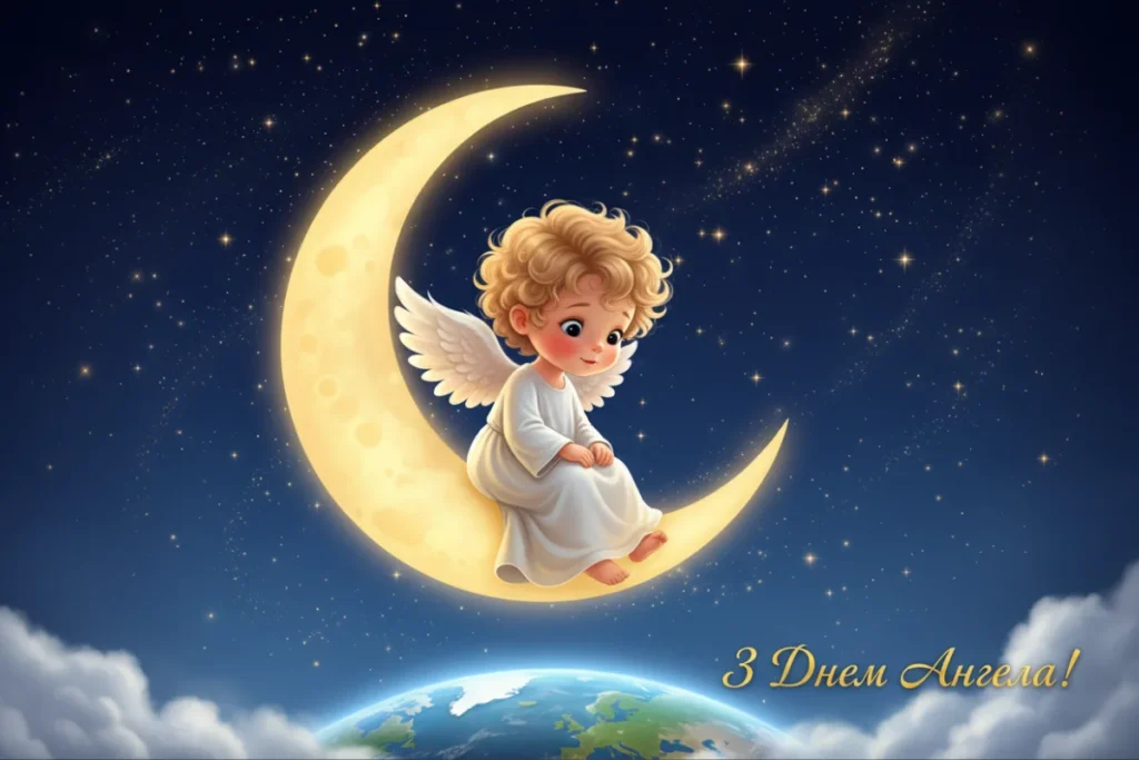 Кумедний ангел сидить на місяці й мріє, дивлячись на Землю