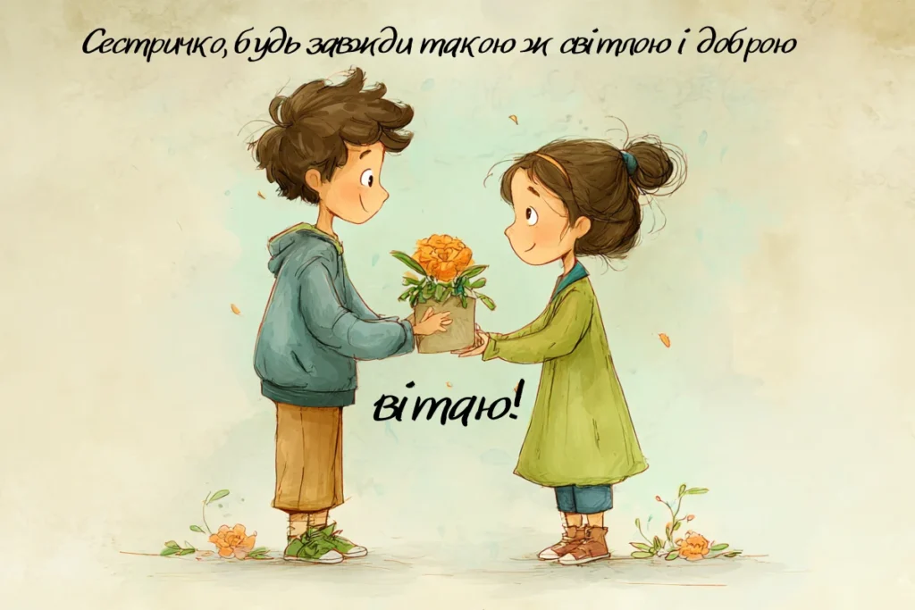Малюнок брата і сестри з квіткою та привітанням
