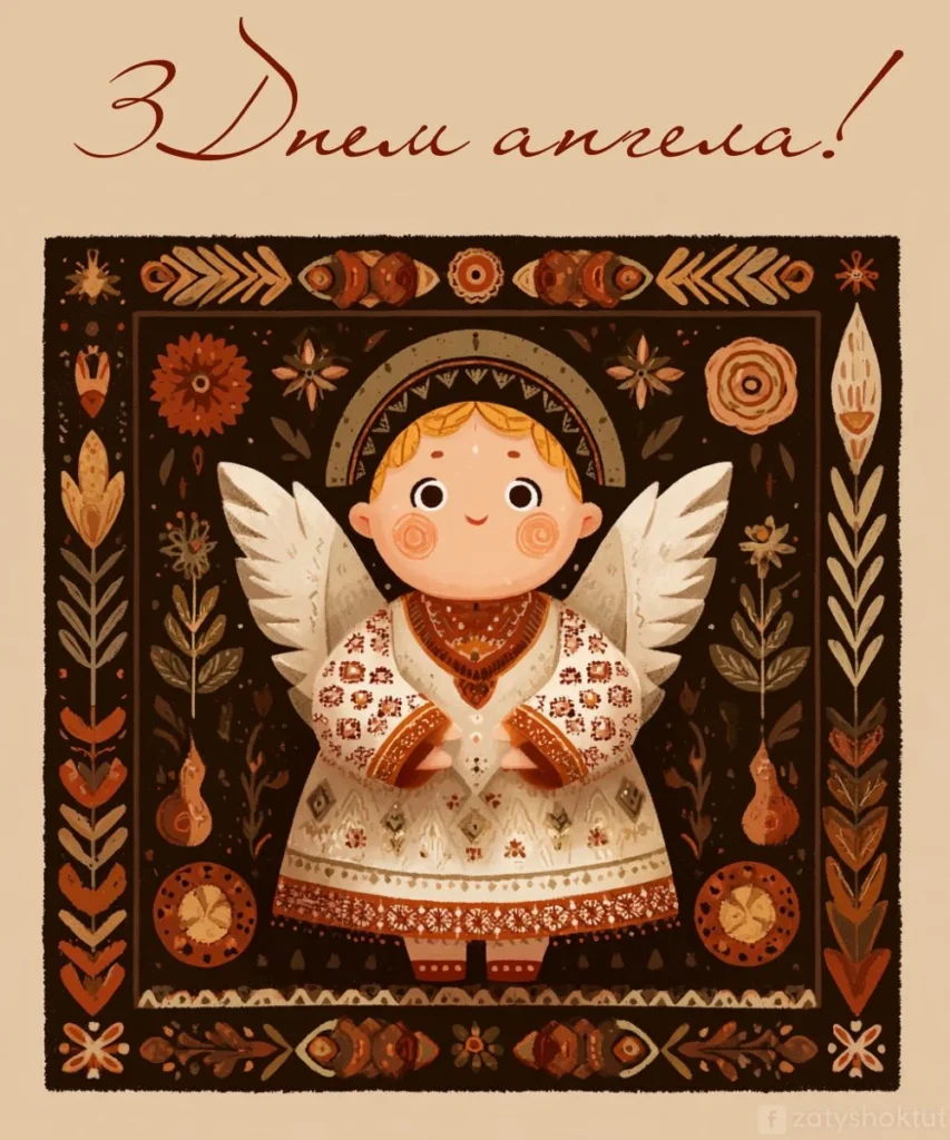 Народний ангел у вишитому вбранні на тлі традиційного орнаменту