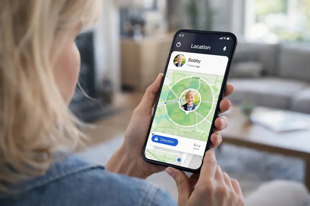 Мама дивиться де знаходиться її дитина за допомогою додатку “Батьківський контроль”
