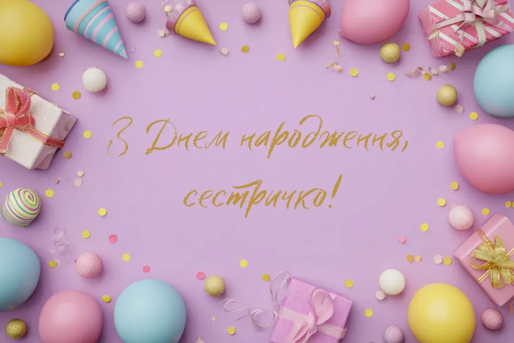 Святкова листівка з написом “З Днем народження, сестричко!” та подарунками