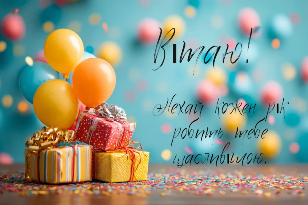 Подарунки з кульками на святковому фоні з написом Вітаю