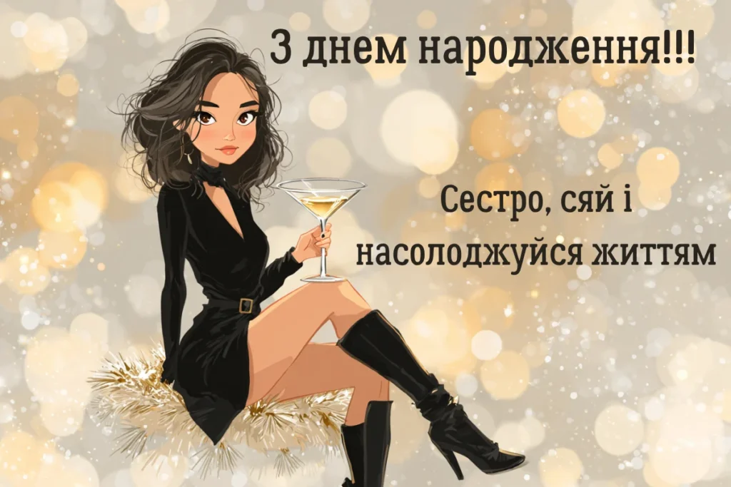 Стильна ілюстрація сестри з келихом і привітанням з днем народження