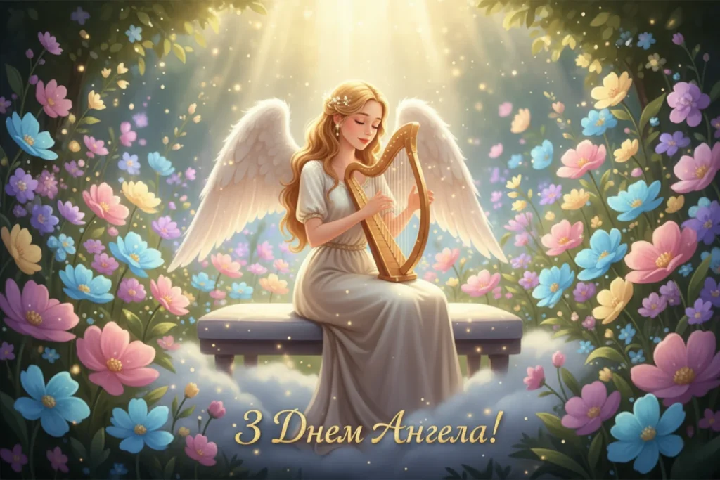 Ангел грає на арфі в казковому квітковому саду, залитому світлом