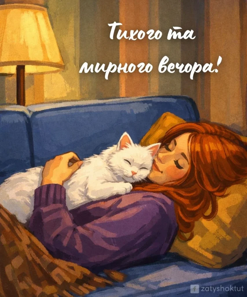 Дівчина з білим котиком лежить на дивані