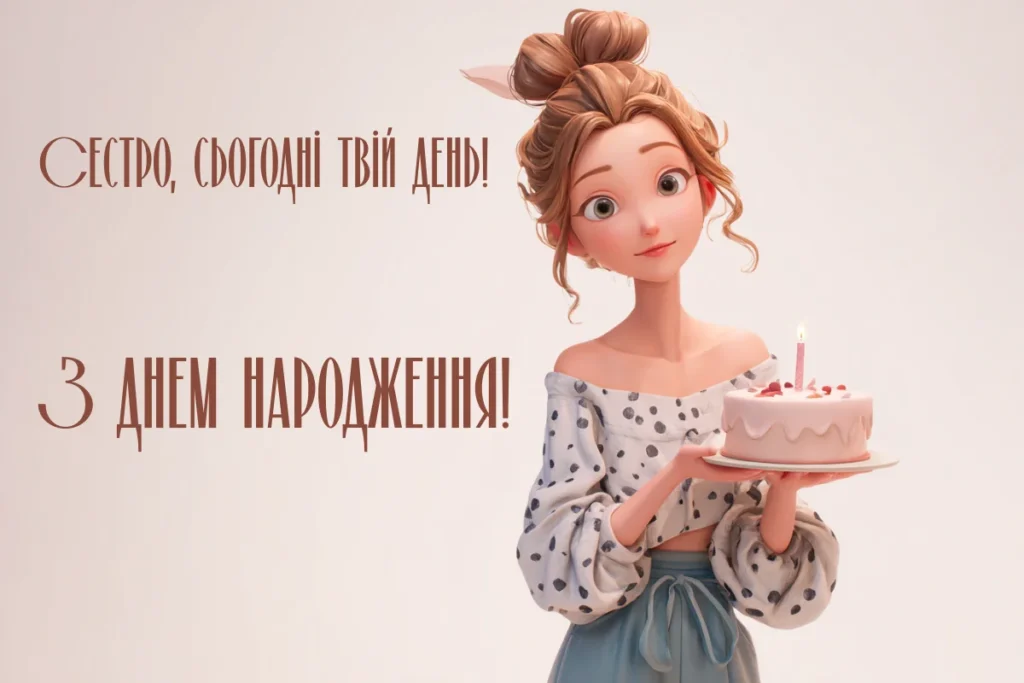 Святкова листівка із зображенням сестри з тортом