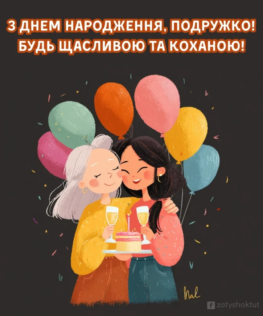 Двоє дівчат на фоні повітряних кульок обіймаються та тримають торт і келихи з ігристим