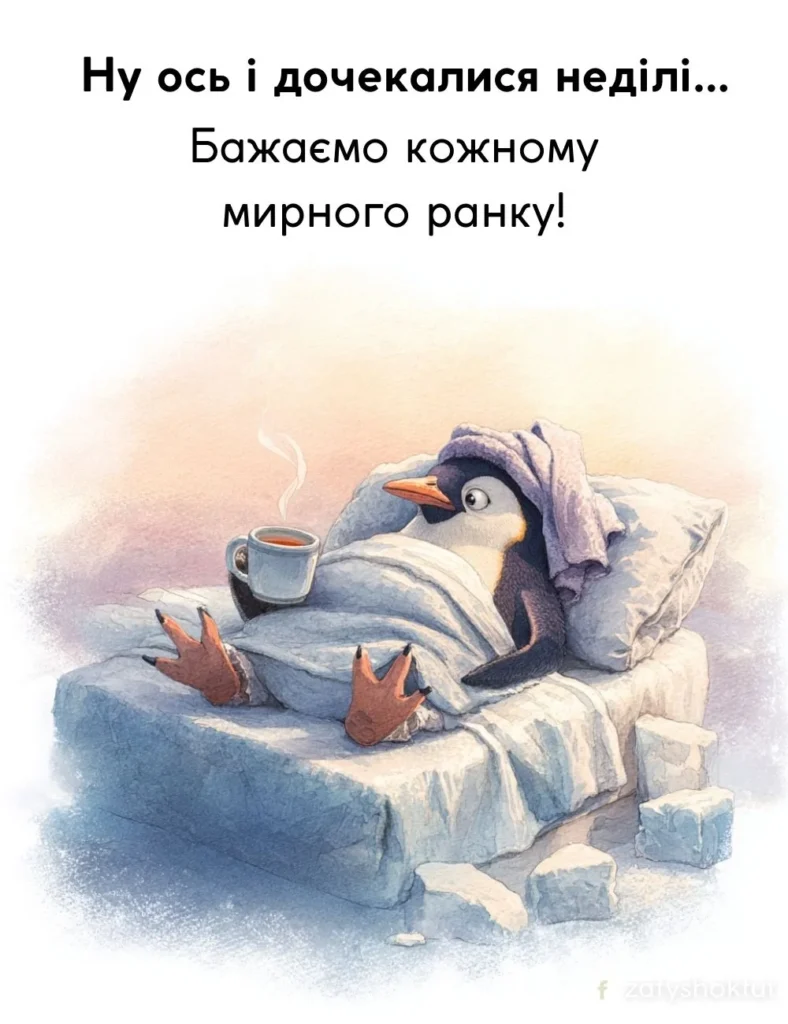 Пінгвін лежить у ліжку з чашкою чаю