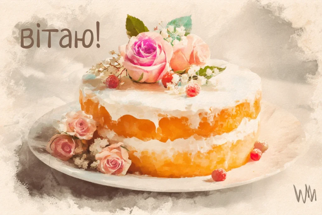 Святковий торт з квітами та написом Вітаю!